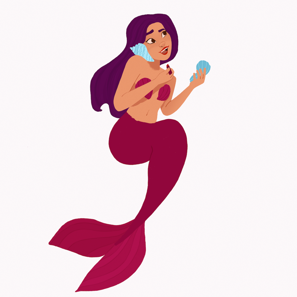 illustration of a mermaid using a shell as a phone